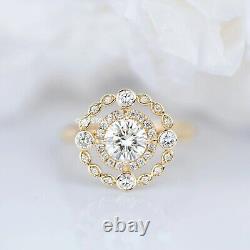 1 Ctw Round Cut Moissanite Double Halo Wedding Ring 14K Yellow Gold Vintage Ring
