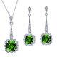 14k White Gold Plated Cushion Cut Emerald Vintage Style Pendant & Earrings Set