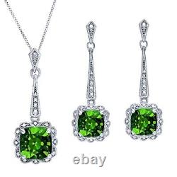 14K White Gold Plated Cushion Cut Emerald Vintage Style Pendant & Earrings Set