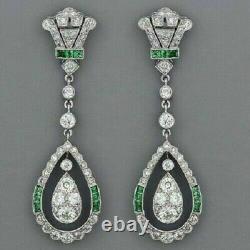 14K White Gold Vintage Art Deco Wedding Drop Dangle Earrings 1.52 Ct CZ Earrings