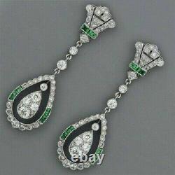 14K White Gold Vintage Art Deco Wedding Drop Dangle Earrings 1.52 Ct CZ Earrings