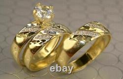 14K Yellow Gold Plated Silver 2Ct Lab Created Diamond Ring Band Trio Bridal Set