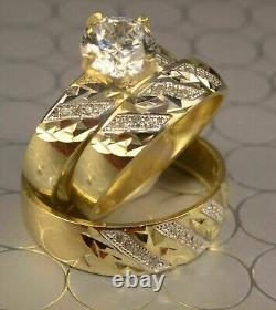 14K Yellow Gold Plated Silver 2Ct Lab Created Diamond Ring Band Trio Bridal Set