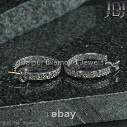 14k Gold Pave Real Diamond Hoop Earrings 925 Silver Vintage Look Wedding Jewelry
