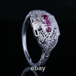 14k White Gold Natural Ruby Vintage Three Stone Engagement Wedding Jewelry Ring