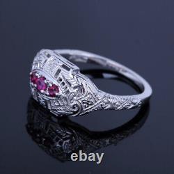 14k White Gold Natural Ruby Vintage Three Stone Engagement Wedding Jewelry Ring