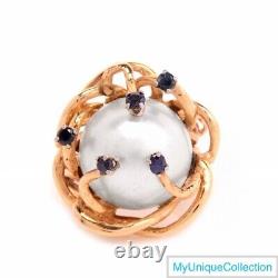 14k Yellow Gold Sapphire 15mm Mabe Pearl Vintage 14.6 Grams Ring Size 6