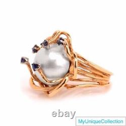 14k Yellow Gold Sapphire 15mm Mabe Pearl Vintage 14.6 Grams Ring Size 6