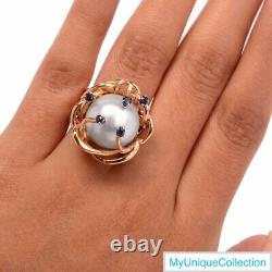 14k Yellow Gold Sapphire 15mm Mabe Pearl Vintage 14.6 Grams Ring Size 6