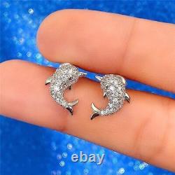 1Ct Round Cut Simulated Moissanite Dolphin Stud Earrings 14K White Gold Plated
