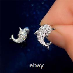1Ct Round Cut Simulated Moissanite Dolphin Stud Earrings 14K White Gold Plated