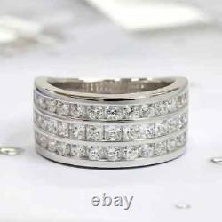 2.20Ct Round Cut Real Moissanite Wedding Three Row Band Ring White Gold Plated