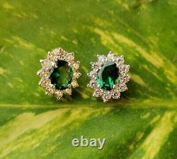 2.50CT Oval Cut Simulated Green Emerald Halo Stud Earrings 14K White Gold Plated