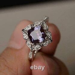 2Ct Cushion Cut Lab Created Alexandrite Vintage Wedding Ring 14K White Gold Over