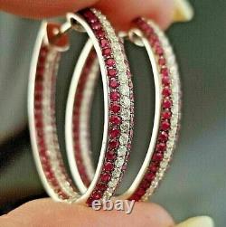 2Ct Round Cut Red Ruby Simulated Diamond Hoop Earrings 14K White Gold Plated