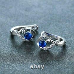 2Ct Round Cut Simulated Blue Sapphire Huggie Hoop Earrings 14K White Gold Plated