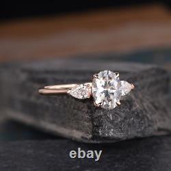 3 Stone Oval & Pear Moissanite 14K Rose Gold Bridal Promise Gift Ring Jewelry