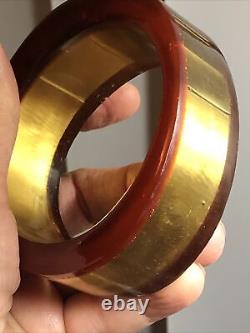 3. Vintage SOVILJ Brass Metalic Yellow Resin Bangle Bracelet 7 5/8, 108.4g