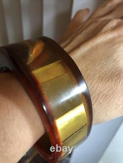 3. Vintage SOVILJ Brass Metalic Yellow Resin Bangle Bracelet 7 5/8, 108.4g