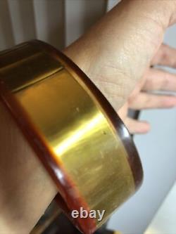 3. Vintage SOVILJ Brass Metalic Yellow Resin Bangle Bracelet 7 5/8, 108.4g