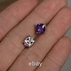 3Ct Cushion Cut Simulated Amethyst Solitaire Stud Earrings 14K White Gold Plated