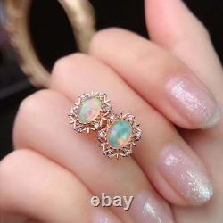 3Ct Oval Cut Simulated Fire Opal Halo Women's Stud Earrings 14K Rose Gold Plated