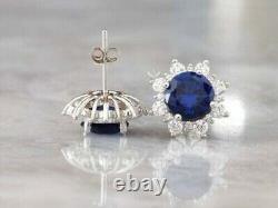 4 Ct Round Simulated Sapphire & Diamond Stud Earrings 925 Sterling Silver