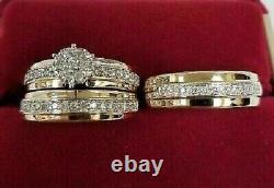 4CT Lab Created 14K Yellow Gold Plated Silver His & Hers Bridal Trio Ring Set