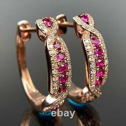 4Ct Round Cut Lab Created Ruby & Diamond Hoop Earrings 14K Rose Gold Plated
