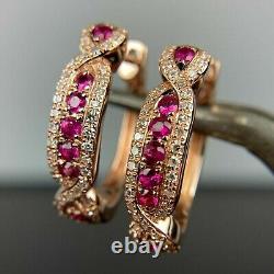 4Ct Round Cut Lab Created Ruby & Diamond Hoop Earrings 14K Rose Gold Plated
