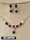 6ct Oval Simulated Garnet Necklace Earrings Jewelry Set Wedding Yellow Gold Over