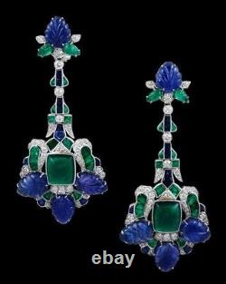925 Silver Dangle Earrings CZ Blue Sapphire Carved Heritage Women New Jewelry