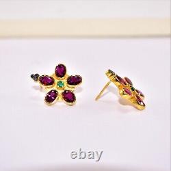 925 Sterling Silver Jewelry Emerald, Ruby And Diamond Flower Design Earring