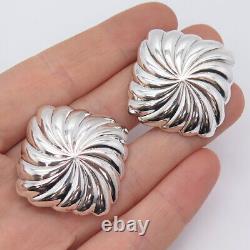 925 Sterling Silver Vintage Italy Ribbed Hollow Clip On Earrings