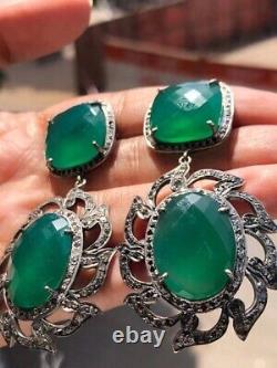 Art Deco Sterling Silver Earrings with Emerald Gemstone Exquisite Delicacy