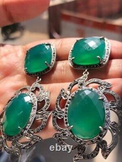 Art Deco Sterling Silver Earrings with Emerald Gemstone Exquisite Delicacy