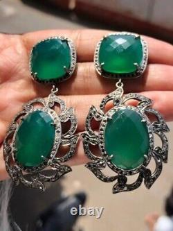 Art Deco Sterling Silver Earrings with Emerald Gemstone Exquisite Delicacy