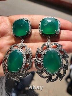 Art Deco Sterling Silver Earrings with Emerald Gemstone Exquisite Delicacy