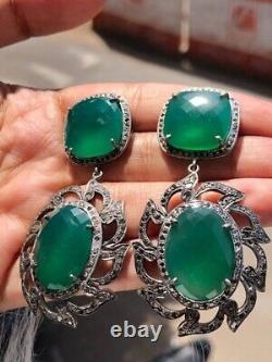 Art Deco Sterling Silver Earrings with Emerald Gemstone Exquisite Delicacy