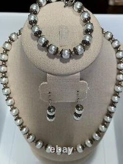 Beautiful VTG Pearl Necklace With Filigree Borders, Bracelet & Earrings Set Rare