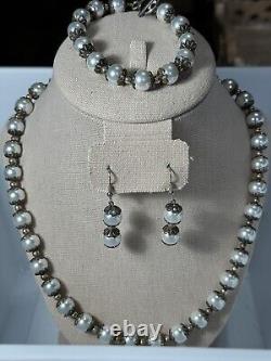 Beautiful VTG Pearl Necklace With Filigree Borders, Bracelet & Earrings Set Rare