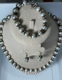 Beautiful VTG Pearl Necklace With Filigree Borders, Bracelet & Earrings Set Rare