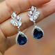 Blue Sapphire 2ct Lab-created Pear Halodrop Dangle Earring 14k White Gold Plated