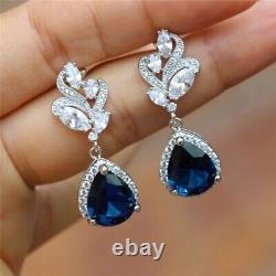 Blue Sapphire 2Ct Lab-Created Pear HaloDrop Dangle Earring 14k White Gold Plated