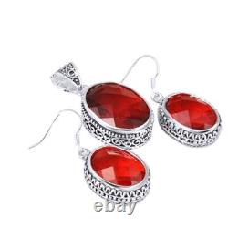Classic Oval Cut Fire Red Garnet Gems Pendant Earrings Set Vintage Silver