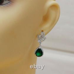 Emerald & Simulated Dangle Earrings Women's Wedding Jewelry 14K White Gold Over