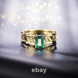 Fancy Jewelry Vintage Natural Emerald & Diamonds Wedding Ring 14K Yellow Gold