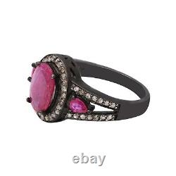 Flawless Bright Ruby & Diamond 925 Sterling Silver Ring Vintage Wedding Jewelry