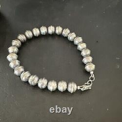 Handmade Stamped Navajo Pearls 8mm Beads 8 Sterling Silver Bracelet 17446