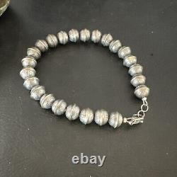 Handmade Stamped Navajo Pearls 8mm Beads 8 Sterling Silver Bracelet 17446